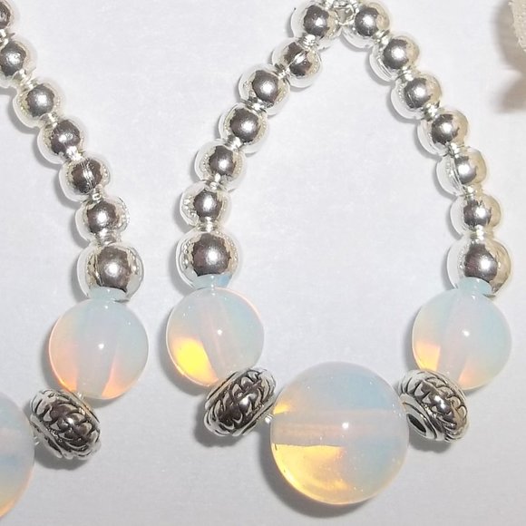 Beaded Hoop Earrings Set Faux Opal Rainbow Moonstone and Silver Teardrop 7021 - Picture 4 of 9